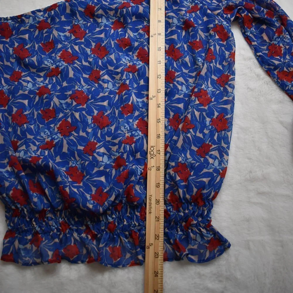 Lucky Brand Floral Chiffon Blouse Sz S Smocked Waist Sheer Boho Beachy - Picture 12 of 13